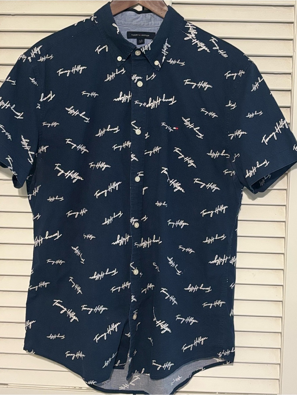 Tommy Hilfiger Navy Script Logo Short-Sleeve Button-Down Shirt